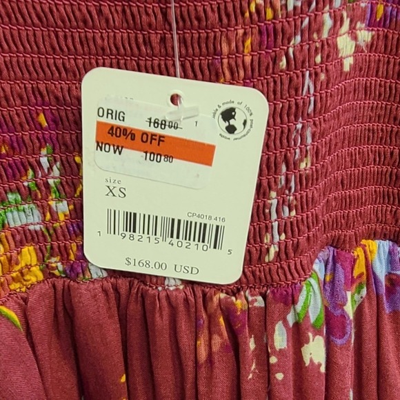 Free People Floral Smocked Midi Dress Burgundy Red XL/XS New With Flaws - Picture 10 of 15